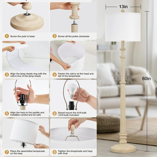 Alt view image 7 of 7 - Floor Lamps for Living Room - 60" Farmhouse Floor Lamp with Adjustable Color Temperatures - Vintage Standing Lamp Reading Light with Linen Shade Rustic Tall Lamp for Bedroom Office, Oatmeal Wash