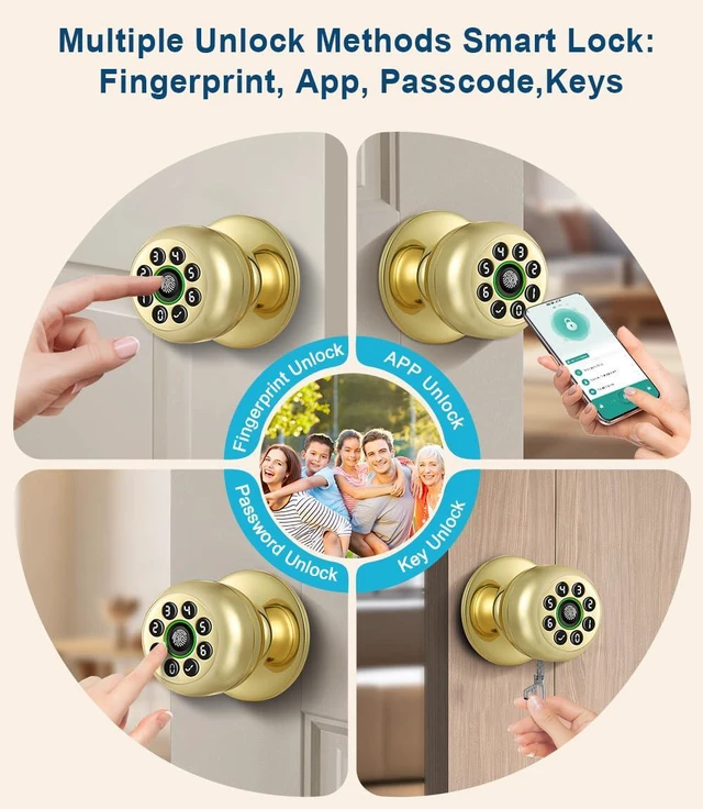 Alt view image 2 of 6 - Smart Fingerprint Door Knob with Keypad, Fingerprint Door Lock, Light Brass Biometric Door Locks with App Control, Auto Lock, Door Lock with Code, Keyless Door Knob with Lock for Bedrooms, Front Door