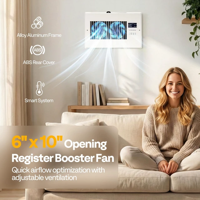 Alt view image 7 of 7 - Quiet Register Booster Fan with Opening 6" x 10", Smart Thermostat 10-Speed Control, Removable Dust-proof Mesh & Register Blocker, White AC Vent Fan for Floor, Ceiling, Wall
