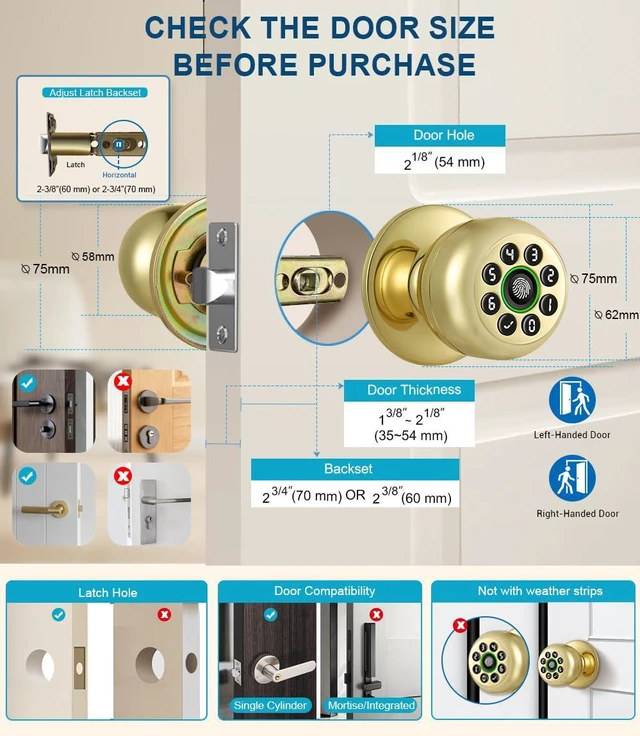 Alt view image 3 of 6 - Smart Fingerprint Door Knob with Keypad, Fingerprint Door Lock, Light Brass Biometric Door Locks with App Control, Auto Lock, Door Lock with Code, Keyless Door Knob with Lock for Bedrooms, Front Door