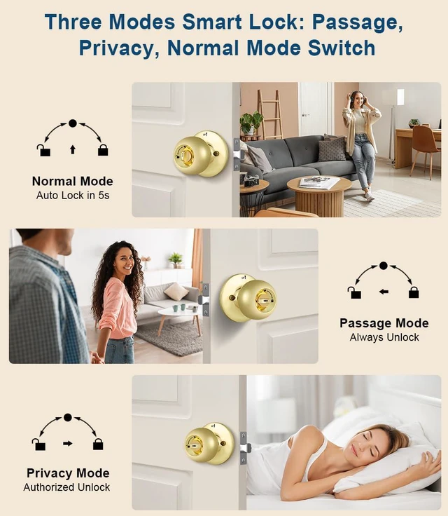 Alt view image 4 of 6 - Smart Fingerprint Door Knob with Keypad, Fingerprint Door Lock, Light Brass Biometric Door Locks with App Control, Auto Lock, Door Lock with Code, Keyless Door Knob with Lock for Bedrooms, Front Door