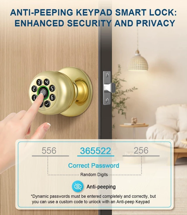 Alt view image 6 of 6 - Smart Fingerprint Door Knob with Keypad, Fingerprint Door Lock, Light Brass Biometric Door Locks with App Control, Auto Lock, Door Lock with Code, Keyless Door Knob with Lock for Bedrooms, Front Door