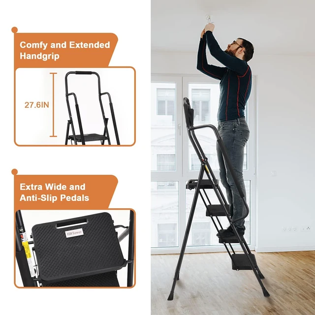 Alt view image 2 of 6 - Step Ladder with Handrails, 4 Step Ladder with Attachable Tool Bag Anti-Slip Wide Pedal for Home Kitchen Pantry Office, Black