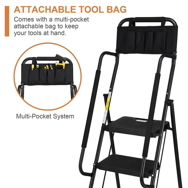 Alt view image 3 of 6 - Step Ladder with Handrails, 4 Step Ladder with Attachable Tool Bag Anti-Slip Wide Pedal for Home Kitchen Pantry Office, Black