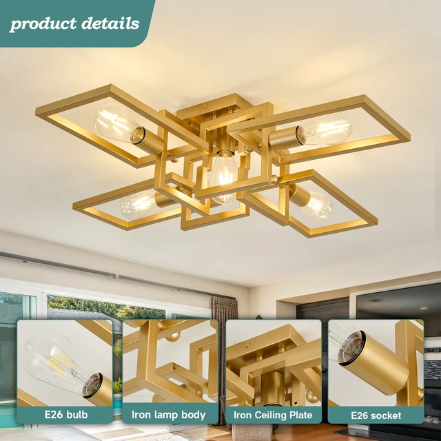 Alt view image 3 of 7 - Semi Flush Mount Ceiling Light 5-Light Gold Kitchen Light Fixtures Modern Large Matte Sputnik Chandelier for Dining Room Bedroom Farmhouse Living Room