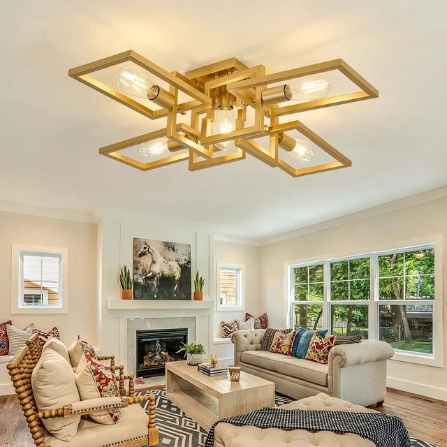 Alt view image 6 of 7 - Semi Flush Mount Ceiling Light 5-Light Gold Kitchen Light Fixtures Modern Large Matte Sputnik Chandelier for Dining Room Bedroom Farmhouse Living Room