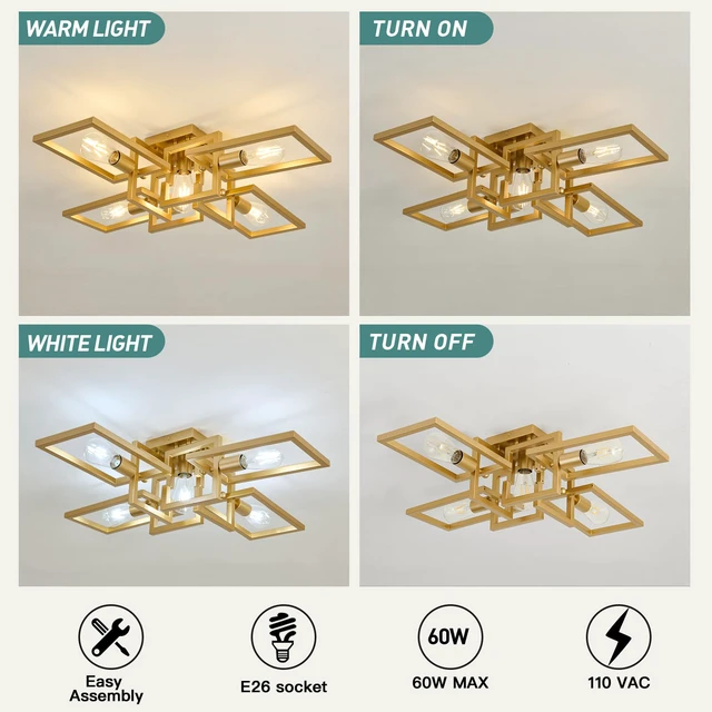 Alt view image 5 of 7 - Semi Flush Mount Ceiling Light 5-Light Gold Kitchen Light Fixtures Modern Large Matte Sputnik Chandelier for Dining Room Bedroom Farmhouse Living Room