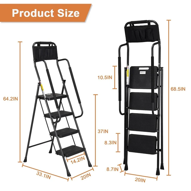 Alt view image 5 of 6 - Step Ladder with Handrails, 4 Step Ladder with Attachable Tool Bag Anti-Slip Wide Pedal for Home Kitchen Pantry Office, Black