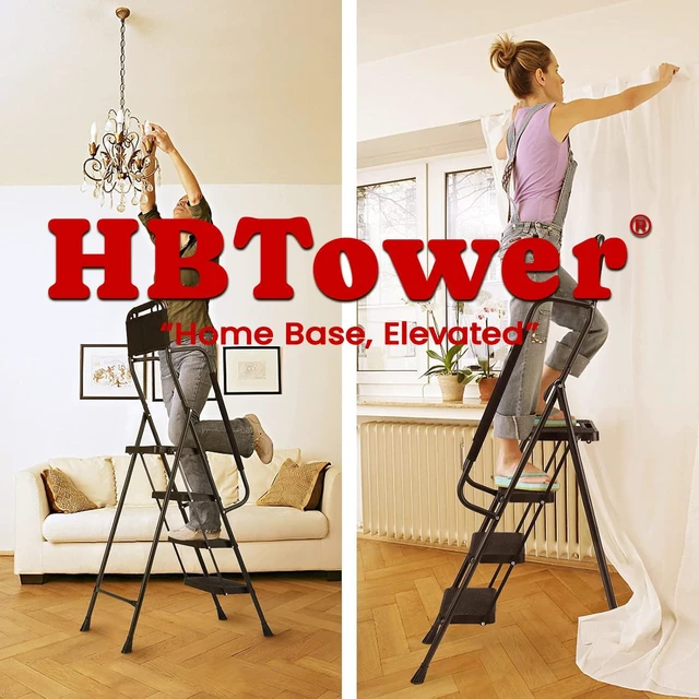 Alt view image 6 of 6 - Step Ladder with Handrails, 4 Step Ladder with Attachable Tool Bag Anti-Slip Wide Pedal for Home Kitchen Pantry Office, Black