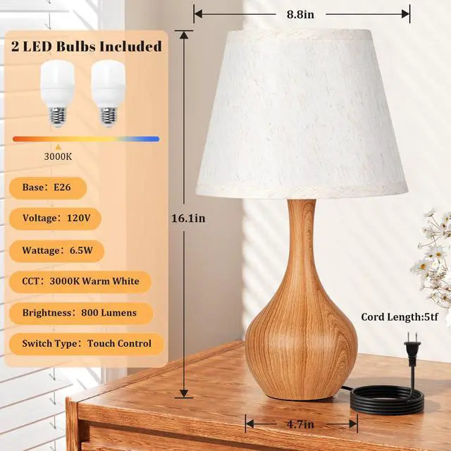 Alt view image 5 of 7 - 16.1" Touch Table Lamp for Nightstand, Dimmable Small Bedroom Lamp Set of 2 Touch Control, Set of 2, Bulb Included, Wood-paint Bedside Lamps for Desk, Night Stands, Living Room, End Table, Corded