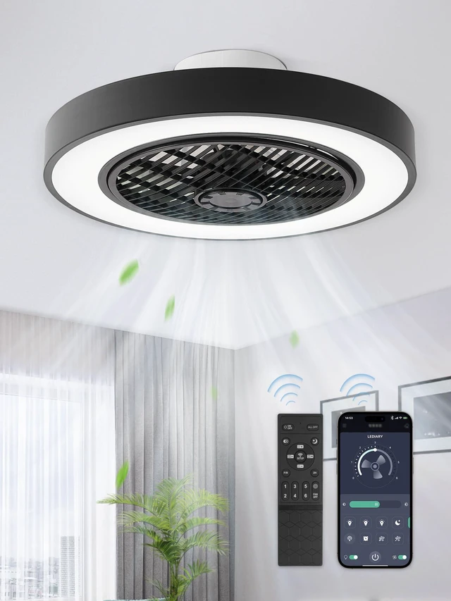 Main image of 20 Inch Low Profile Bladeless Enclosed LED Ceiling Fan Light, Black Flush Mount, Modern, 6 Speed Adjustable, 3000-6000K Dimmable, 3000LM, Indoor Bedroom Living Room, Remote/APP Control