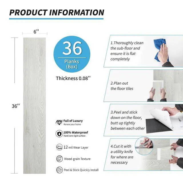 Alt view image 6 of 7 - Wood Texture Peel and Stick Vinyl Floor Planks, 36-Pack, White Ash Cover 54 sq.ft, Waterproof, Self-Adhesive, Scratch Resistant, Premium Vinyl, Ideal for Bedroom, Living Room, Kitchen, RV