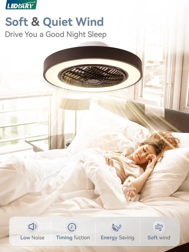 Alt view image 4 of 7 - 20 Inch Low Profile Bladeless Enclosed LED Ceiling Fan Light, Black Flush Mount, Modern, 6 Speed Adjustable, 3000-6000K Dimmable, 3000LM, Indoor Bedroom Living Room, Remote/APP Control