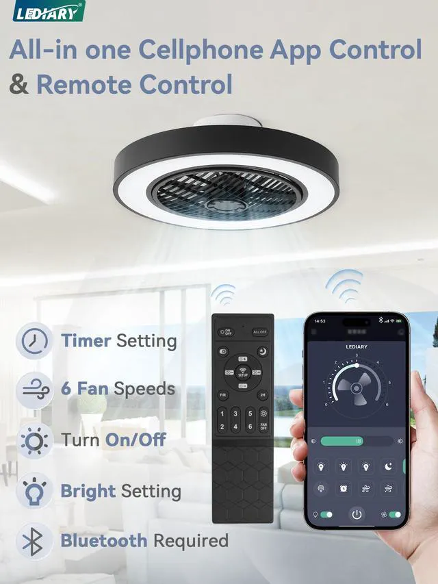 Alt view image 5 of 7 - 20 Inch Low Profile Bladeless Enclosed LED Ceiling Fan Light, Black Flush Mount, Modern, 6 Speed Adjustable, 3000-6000K Dimmable, 3000LM, Indoor Bedroom Living Room, Remote/APP Control