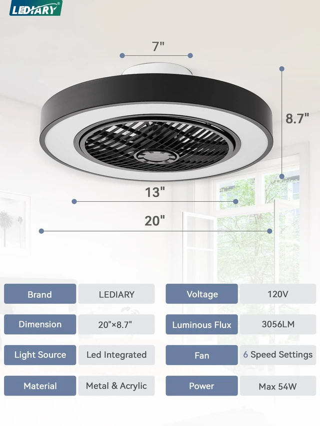 Alt view image 6 of 7 - 20 Inch Low Profile Bladeless Enclosed LED Ceiling Fan Light, Black Flush Mount, Modern, 6 Speed Adjustable, 3000-6000K Dimmable, 3000LM, Indoor Bedroom Living Room, Remote/APP Control