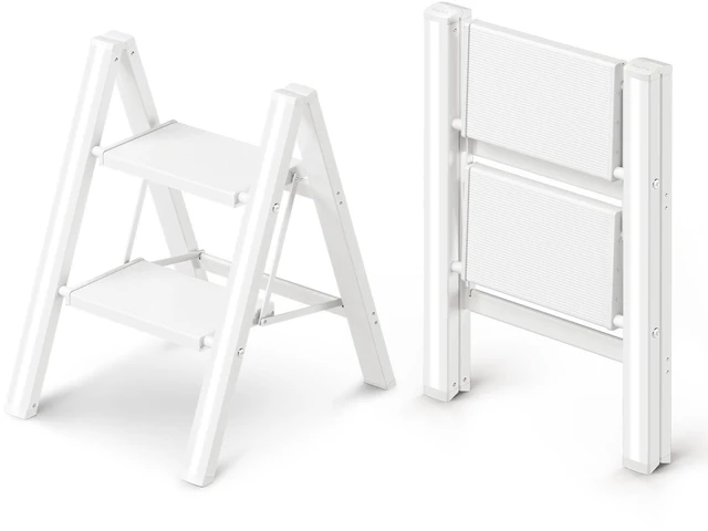 Main image of 2 Step Ladder, Foldable Aluminum Step Stool with Anti-Slip Pedal Lightweight yet Sturdy, Portable, Non Slip Feet, 300Lbs Capacity, Elegant Look, for Kitchen, Closet, Pantry, White