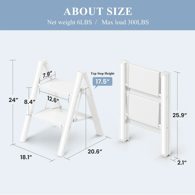 Alt view image 6 of 7 - 2 Step Ladder, Foldable Aluminum Step Stool with Anti-Slip Pedal Lightweight yet Sturdy, Portable, Non Slip Feet, 300Lbs Capacity, Elegant Look, for Kitchen, Closet, Pantry, White