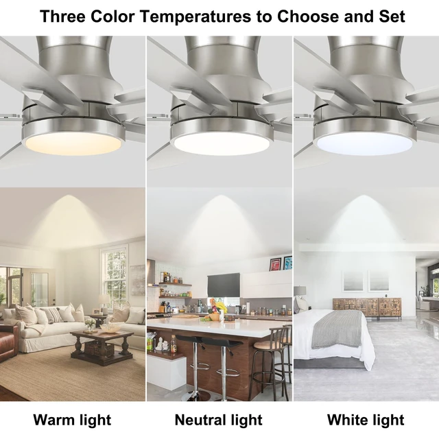 Alt view image 5 of 7 - 42 Inch Flush Mount Brushed Nickel Ceiling Fan with Light and Remote Control.Noiseless,Dimmable,3CCT,6 Speeds Reversible, Low Profile DC Ceiling Fans for Indoor or Covered Outdoor Use,ETL Listed
