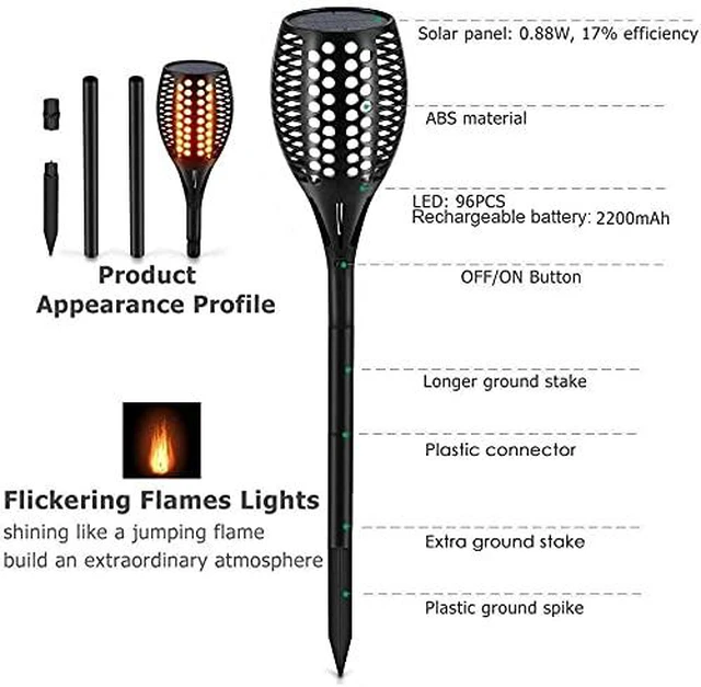 Alt view image 3 of 6 - Upgraded Larger Solar Torch Lights, Waterproof Outdoor Dancing Flames Lights, Flickering Flames Garden Lights, Landscape Decoration Pathway Patio Lights 43" 96 LED (6)