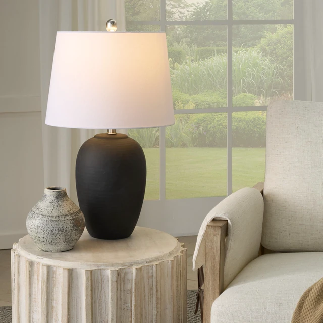 Alt view image 5 of 7 - Home 23" Black Vintage Distressed Ceramic Pot Table Lamp for Bedroom, Living Room, End Table, with White Tapered Drum Shade