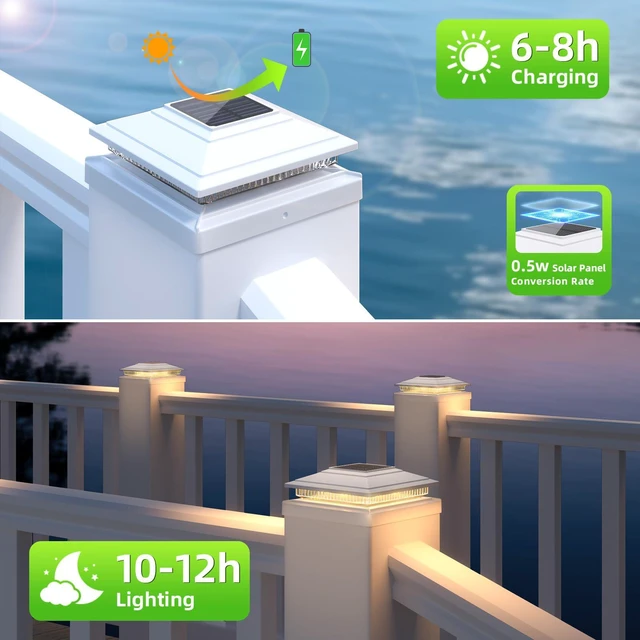 Alt view image 2 of 6 - Solar Post Cap Lights 12pack,Warm & Cool Light,for 4x4 5x5 6x6 Posts White IP65 Waterproof Fence Post Solar Light,Outdoor Deck Post Lights with 2 Color Modes for Wood/Vinyl Post Decorate Patio Porch
