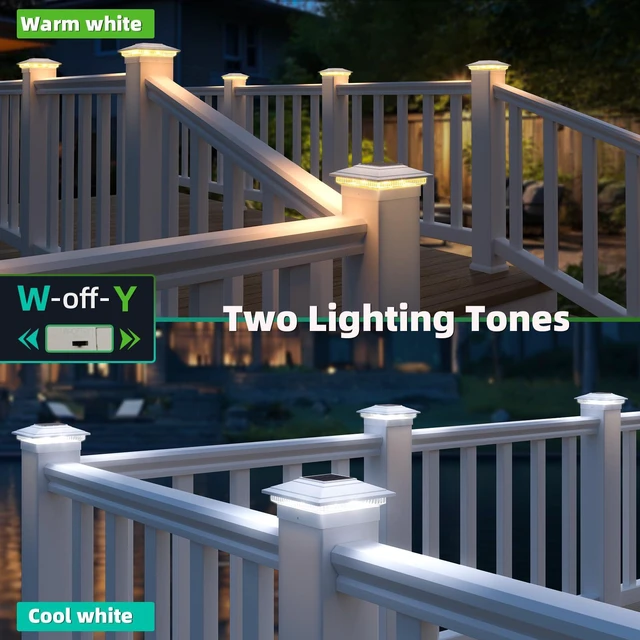Alt view image 4 of 6 - Solar Post Cap Lights 12pack,Warm & Cool Light,for 4x4 5x5 6x6 Posts White IP65 Waterproof Fence Post Solar Light,Outdoor Deck Post Lights with 2 Color Modes for Wood/Vinyl Post Decorate Patio Porch