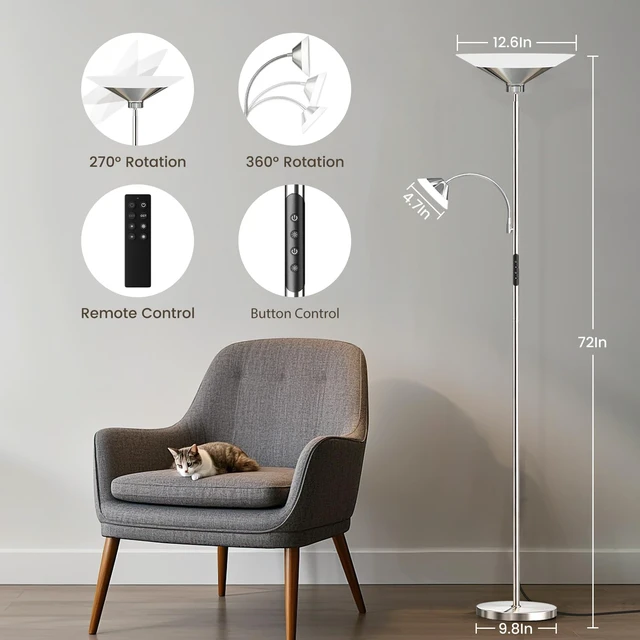 Alt view image 2 of 7 - Metallic Sliver Torchiere Floor Lamp, 2 Way 72'' Dimmable LED Standing lamp with Rmote, Multi Color Temps, 34W Tall Light with Independent Control for Living Room Bedroom Office Reading