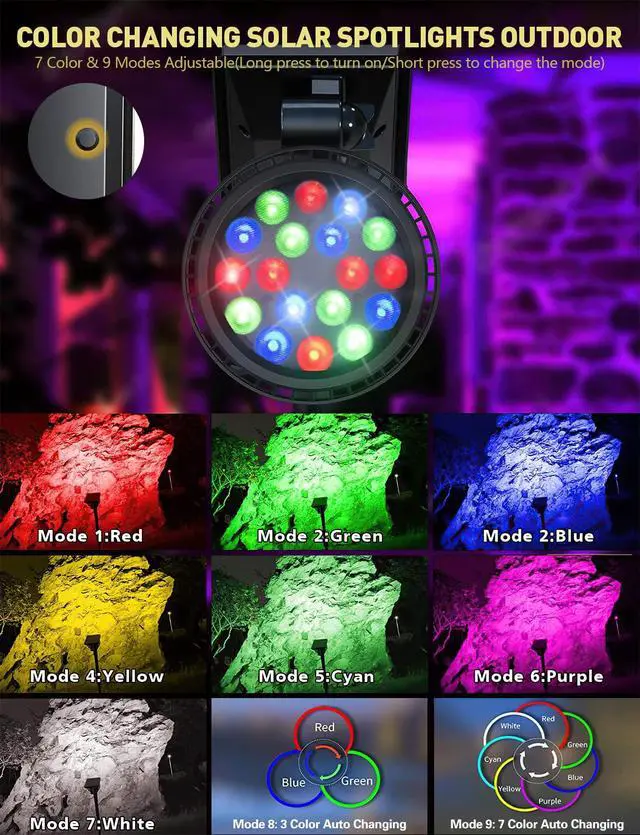 Alt view image 2 of 7 - Solar Spot Lights Outdoor, 9 Color Modes, 18 LED Spotlight, 600LM Landscape Lights, Solar Powered for Garden, Yard, Driveway, Tree, Christmas, Halloween Decor (4 Pack)