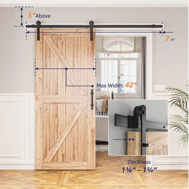 Alt view image 4 of 7 - 7ft Sliding Barn Door Hardware kit, Fit 42" Wide Door Panel Barn Door Track, Sliding Door Hardware kit, Smoothly and Quietly -Heavy Duty Sturdy -Easy to Install, I Shape Hanger