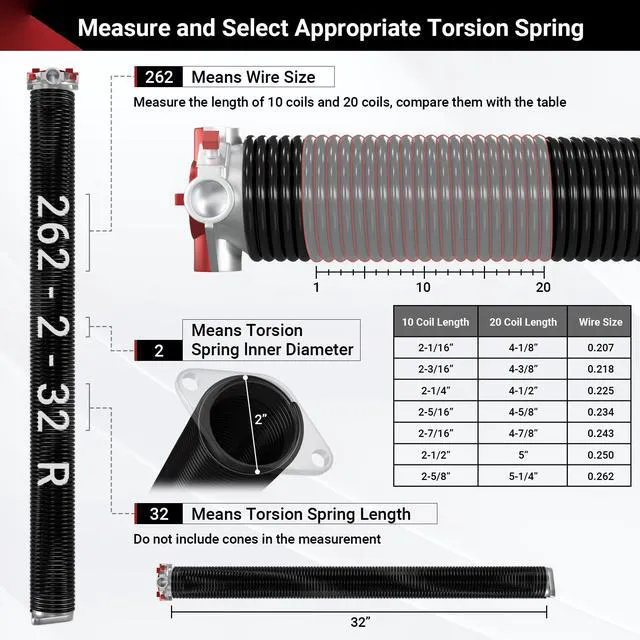 Alt view image 2 of 7 - Garage Door Spring 0.262 x 2 x 32 (Pair), 18000 Cycles Long-Lasting Garage Spring Door Replacement, Heavy-Duty Garage Door Torsion Spring