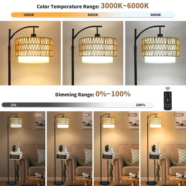 Alt view image 2 of 7 - Arc Floor Lamp with Table and Shelves,Rattan Boho Floor Lamp with Remote Control,Rustic Floor Lamps for Bedroom Wicker Standing Lamp with 3 Color Temperature Tall Lamp for Living Room Corner