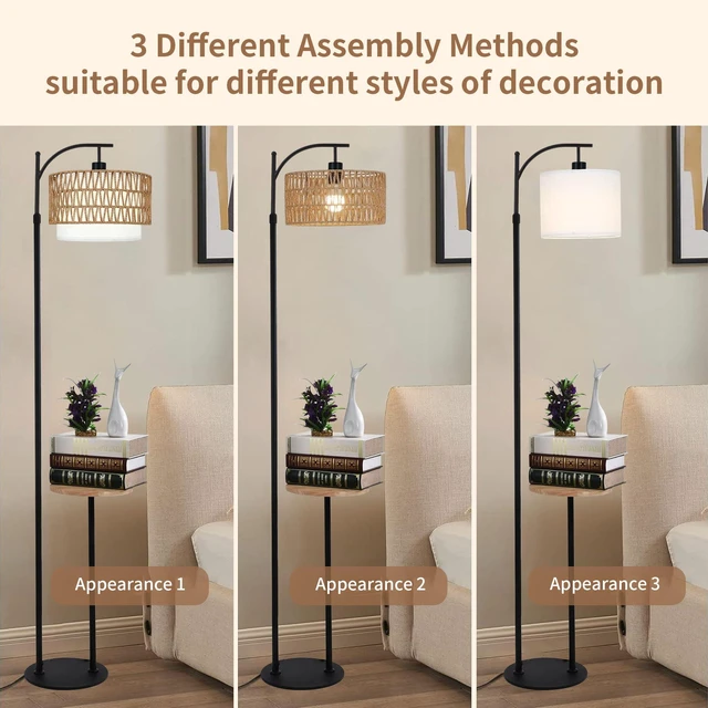 Alt view image 3 of 7 - Arc Floor Lamp with Table and Shelves,Rattan Boho Floor Lamp with Remote Control,Rustic Floor Lamps for Bedroom Wicker Standing Lamp with 3 Color Temperature Tall Lamp for Living Room Corner