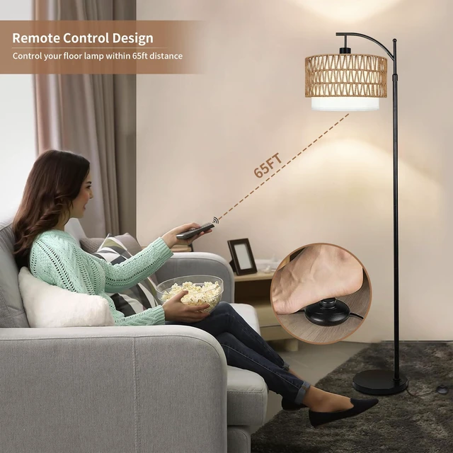 Alt view image 4 of 7 - Arc Floor Lamp with Table and Shelves,Rattan Boho Floor Lamp with Remote Control,Rustic Floor Lamps for Bedroom Wicker Standing Lamp with 3 Color Temperature Tall Lamp for Living Room Corner