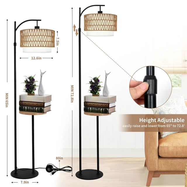 Alt view image 6 of 7 - Arc Floor Lamp with Table and Shelves,Rattan Boho Floor Lamp with Remote Control,Rustic Floor Lamps for Bedroom Wicker Standing Lamp with 3 Color Temperature Tall Lamp for Living Room Corner