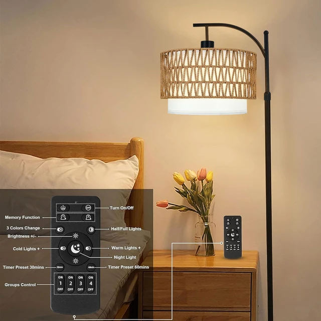 Alt view image 7 of 7 - Arc Floor Lamp with Table and Shelves,Rattan Boho Floor Lamp with Remote Control,Rustic Floor Lamps for Bedroom Wicker Standing Lamp with 3 Color Temperature Tall Lamp for Living Room Corner