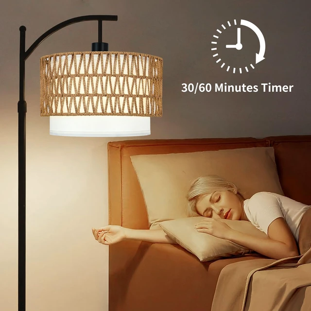 Alt view image 5 of 7 - Arc Floor Lamp with Table and Shelves,Rattan Boho Floor Lamp with Remote Control,Rustic Floor Lamps for Bedroom Wicker Standing Lamp with 3 Color Temperature Tall Lamp for Living Room Corner