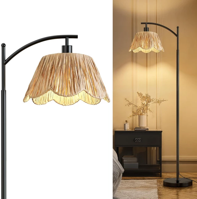 Main image of Arc Floor Lamp for Living Room,Rattan Boho Floor Lamp with Hand-Woven Shade, Foot Switch,Black Metal Base & Pole,Farmhouse Standing Lamp for Bedroom Corner,Reading