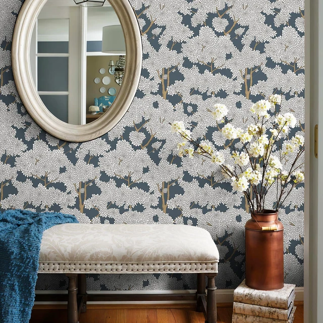 Main image of Tree Wallpaper Peel and Stick Jungle Wall Paper Forest Mural Stick on Wallpaper Modern Waterproof Self Adhesive Contact Paper (17.3" x 400" Blue)