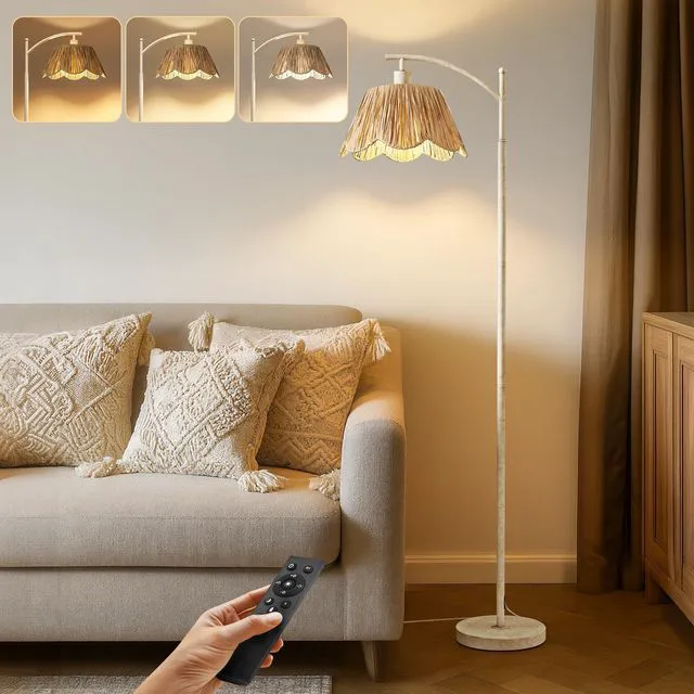 Main image of Rattan Floor Lamp for Living Room with 3 Color Temperatures, Boho Floor Lamp for Bedroom with Remote & Dimmable Bulb, Farmhouse Standing Lamp for Reading, Antique White