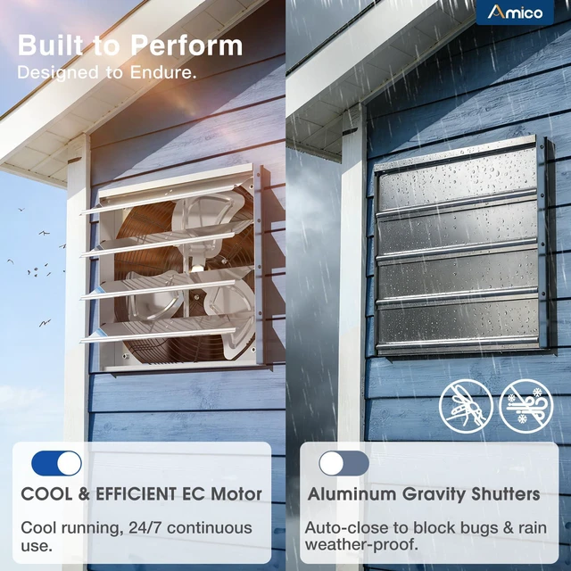 Alt view image 6 of 7 - 16" Shutter Exhaust Fan, Remote 9-Speed 60W EC Motor, 2000 CFM Energy-Efficient Wall Mount Ventilation Fan, Garage, Workshop, Warehouse, Shed, Plug&Play 8-Hr Timer, 3-Year Protection