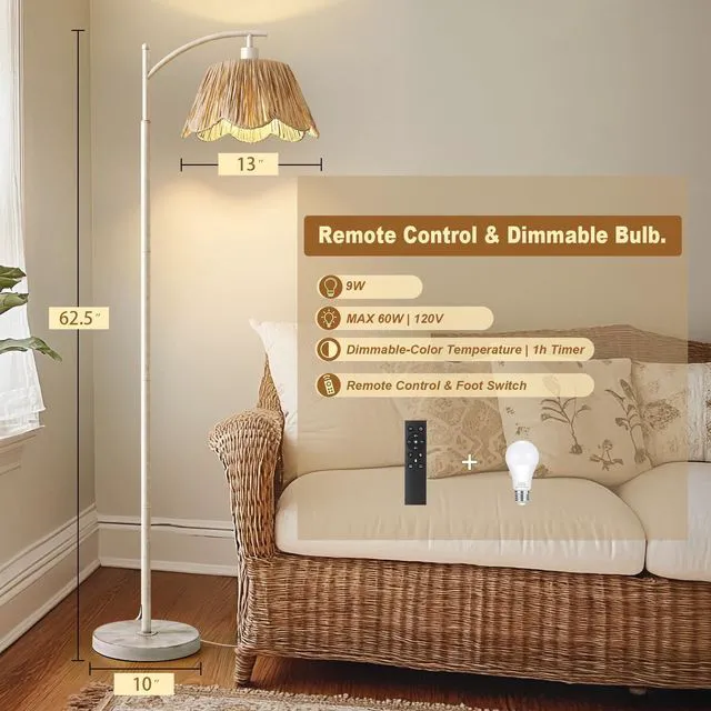 Alt view image 5 of 7 - Rattan Floor Lamp for Living Room with 3 Color Temperatures, Boho Floor Lamp for Bedroom with Remote & Dimmable Bulb, Farmhouse Standing Lamp for Reading, Antique White