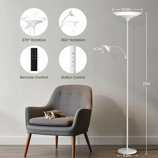 Alt view image 2 of 7 - Upgraded 2-Light Torchiere Floor Lamp - 34W Color Changing Standing Lamp with Remote, Rotatable Floor Reading Light, Modern Standing Light with for Living Room Bedroom Office, White