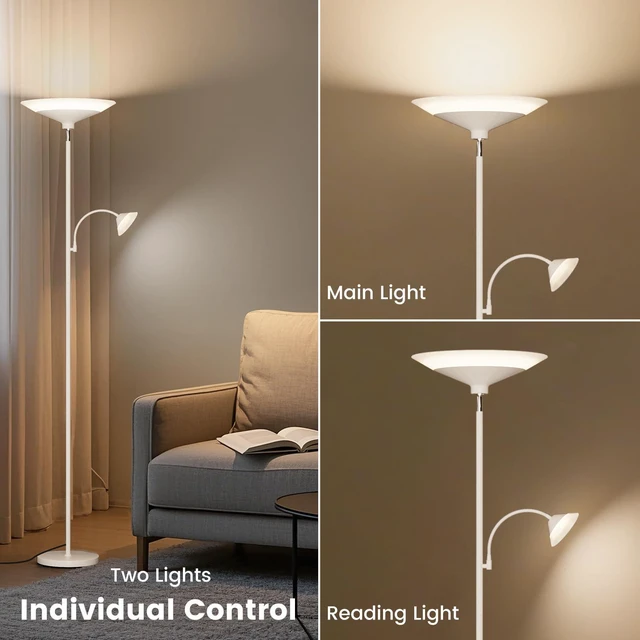Alt view image 4 of 7 - Upgraded 2-Light Torchiere Floor Lamp - 34W Color Changing Standing Lamp with Remote, Rotatable Floor Reading Light, Modern Standing Light with for Living Room Bedroom Office, White