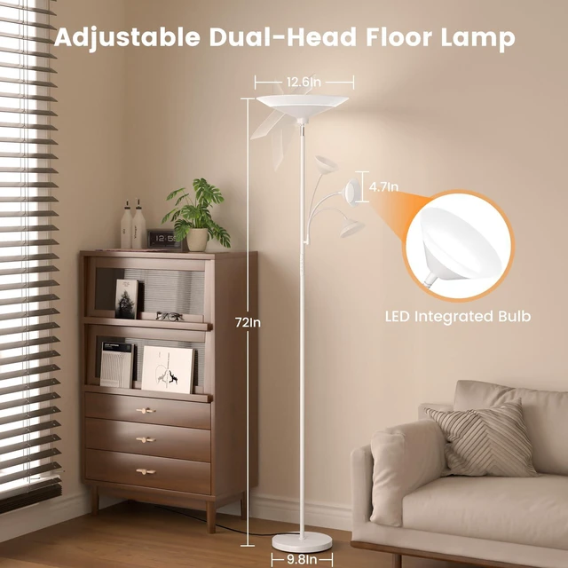 Alt view image 6 of 7 - Upgraded 2-Light Torchiere Floor Lamp - 34W Color Changing Standing Lamp with Remote, Rotatable Floor Reading Light, Modern Standing Light with for Living Room Bedroom Office, White