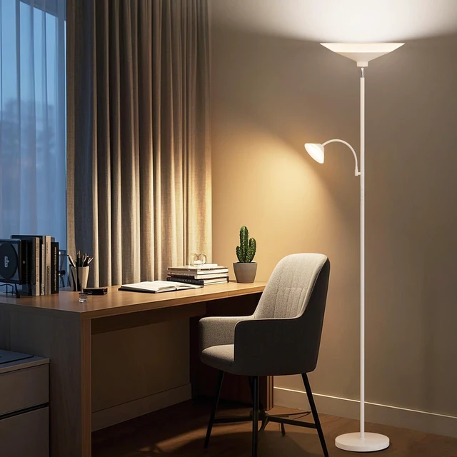 Alt view image 7 of 7 - Upgraded 2-Light Torchiere Floor Lamp - 34W Color Changing Standing Lamp with Remote, Rotatable Floor Reading Light, Modern Standing Light with for Living Room Bedroom Office, White