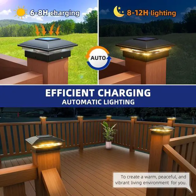 Alt view image 3 of 7 - Solar Post Cap Lights - 12 Pack Outdoor Waterproof for 4x4, 5x5, 6x6 Posts, 2 Modes Warm/Cool Light, Solar Powered Fence/Deck/Patio Decor, Black