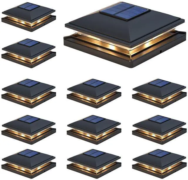 Main image of Solar Post Cap Lights - 12 Pack Outdoor Waterproof for 4x4, 5x5, 6x6 Posts, 2 Modes Warm/Cool Light, Solar Powered Fence/Deck/Patio Decor, Black