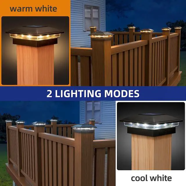 Alt view image 2 of 7 - Solar Post Cap Lights - 12 Pack Outdoor Waterproof for 4x4, 5x5, 6x6 Posts, 2 Modes Warm/Cool Light, Solar Powered Fence/Deck/Patio Decor, Black