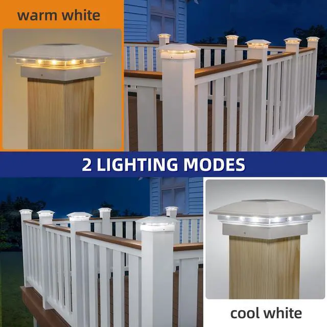 Alt view image 2 of 7 - Solar Post Cap Lights - 12 Pack Outdoor Waterproof for 4x4, 5x5, 6x6 Posts, 2 Modes Warm/Cool Light, Solar Powered Fence/Deck/Patio Decor, White