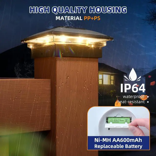 Alt view image 7 of 7 - Solar Post Cap Lights - 12 Pack Outdoor Waterproof for 4x4, 5x5, 6x6 Posts, 2 Modes Warm/Cool Light, Solar Powered Fence/Deck/Patio Decor, Black